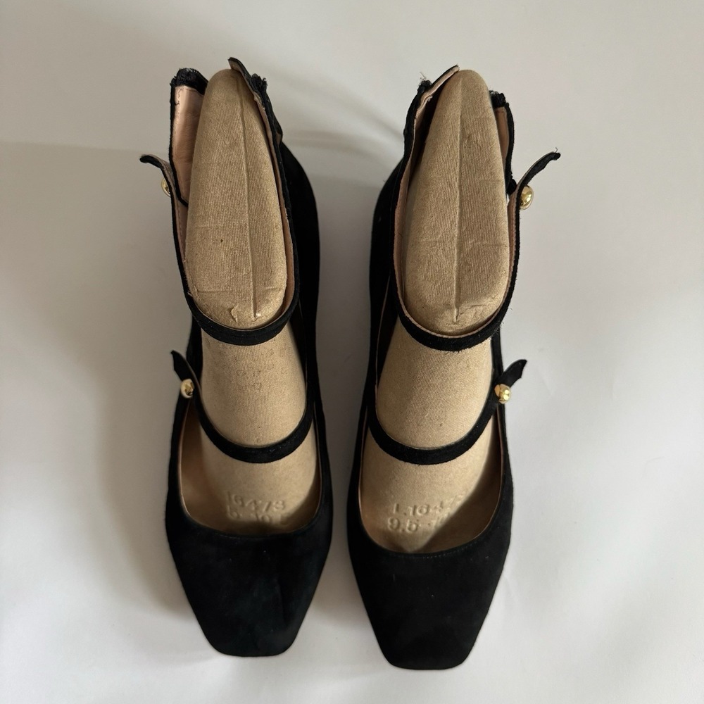 J. Crew Women's Black Suede Ballet Flats 8 Ankle Straps Gold Buttons Chic Staple